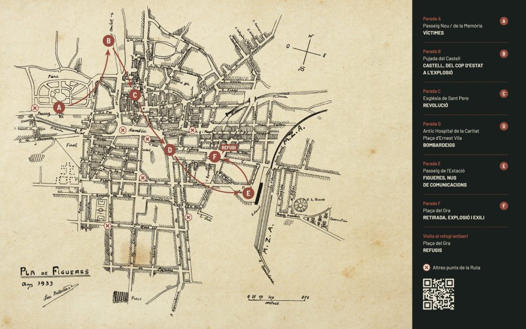 Mapa de Figueres amb els punts de la Ruta Històrica de la Guerra Civil senyalitzats